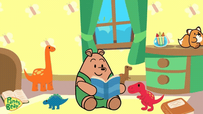 A Cartoon Of A Bear Reading A Book With Pants Bear Written On The Bottom Right GIF