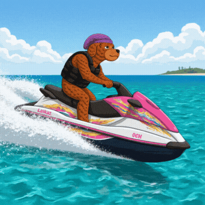 A Cartoon Of A Bear Riding A Jet Ski With Och On The Side GIF