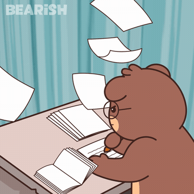 A Cartoon Of A Bear Sitting At A Desk With Papers Falling Around Him And The Word Bearish Above Him GIF
