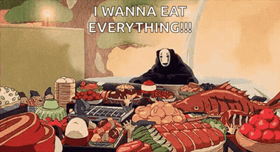 A Cartoon Of A Bear Sitting At A Table With A Lot Of Food And Saying `` I Wanna Eat Everything '' . GIF