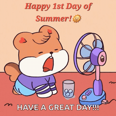 A Cartoon Of A Bear Sitting In Front Of A Fan With The Words Happy 1St Day Of Summer GIF