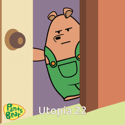 A Cartoon Of A Bear Standing Next To A Door With Utopia 22 Written On It GIF