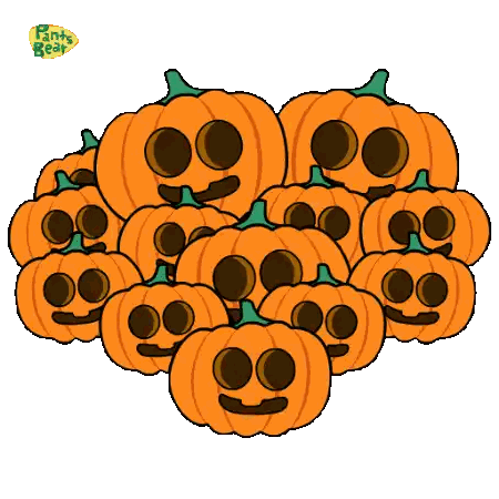 A Cartoon Of A Bear Surrounded By Pumpkins With Faces Sticker