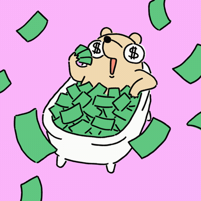A Cartoon Of A Bear Taking A Bath In A Tub Filled With Money GIF