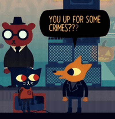A Cartoon Of A Bear Talking To A Cat Asking If They Are Up For Some Crimes GIF