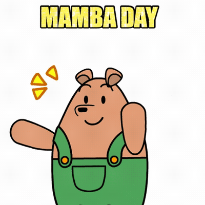 A Cartoon Of A Bear Wearing Green Overalls And The Words Mamba Day GIF