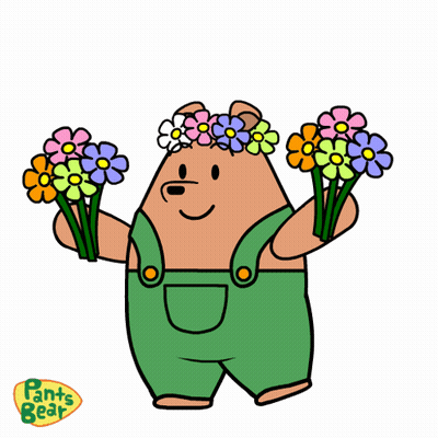 A Cartoon Of A Bear Wearing Overalls And A Flower Crown GIF