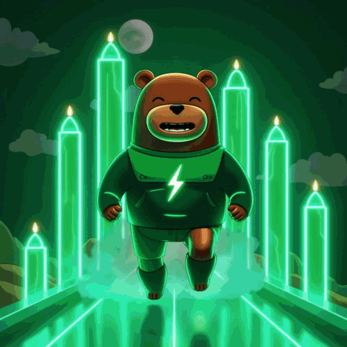 A Cartoon Of A Bear With A Lightning Bolt On His Chest Running GIF