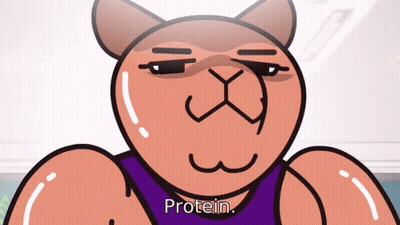 A Cartoon Of A Bear With A Purple Shirt That Says " Protein " GIF