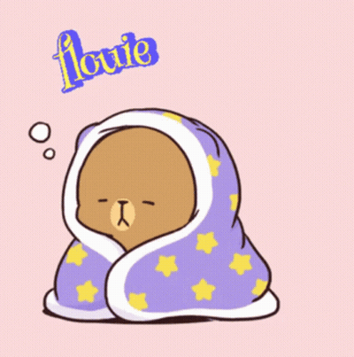 A Cartoon Of A Bear Wrapped In A Purple Blanket With The Word Flowe Written On It GIF