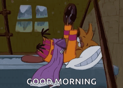 A Cartoon Of A Beaver Laying On A Bed With The Words `` Good Morning '' Written Above Him . GIF