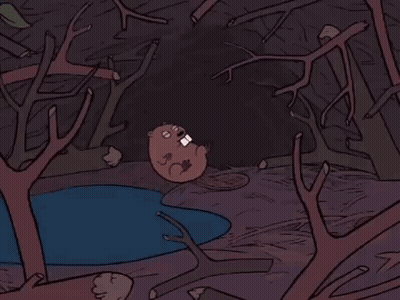 A Cartoon Of A Beaver Laying On The Ground In A Forest Next To A Pond . GIF