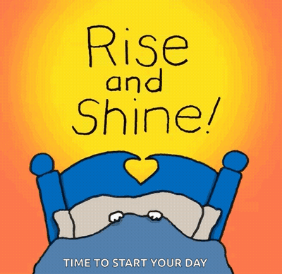 A Cartoon Of A Bed With The Words Rise And Shine Above It GIF
