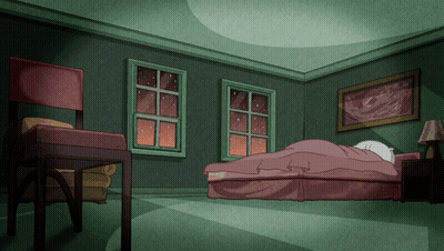 A Cartoon Of A Bedroom With A Bed And A Chair GIF
