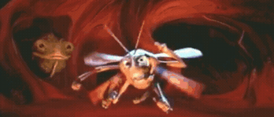 A Cartoon Of A Bee Eating Another Bee In A Red Cave . GIF