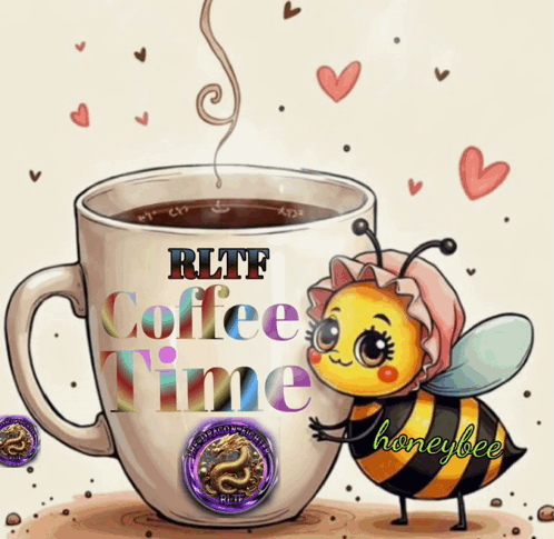 A Cartoon Of A Bee Holding A Cup Of Coffee That Says Rltf Coffee Time GIF