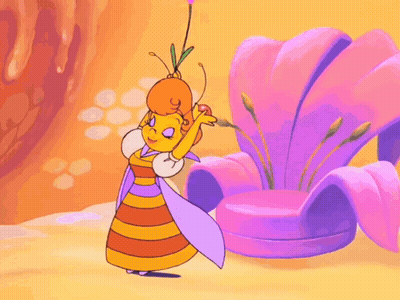 A Cartoon Of A Bee Holding A Flower In Front Of A Flower GIF