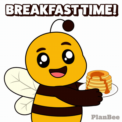 A Cartoon Of A Bee Holding A Plate Of Pancakes With The Words Breakfast Time Above It GIF