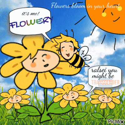 A Cartoon Of A Bee Talking To A Flower That Says " It 'S Me Flowery " GIF