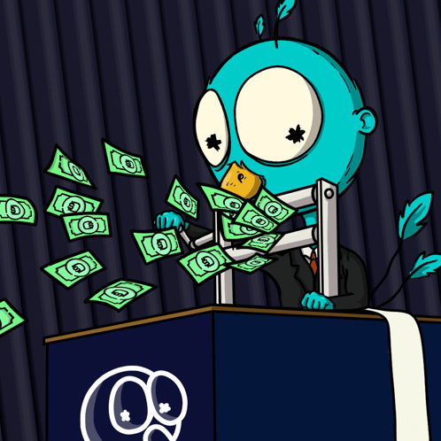 A Cartoon Of A Bird Holding A Bunch Of Money With The Letter O On It GIF