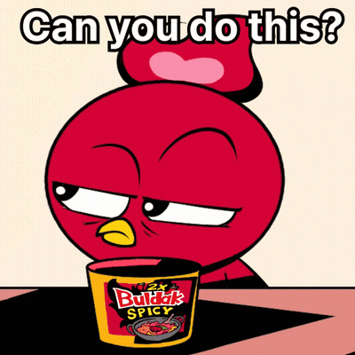 A Cartoon Of A Bird Holding A Cup Of Bukkik Spicy Noodles GIF