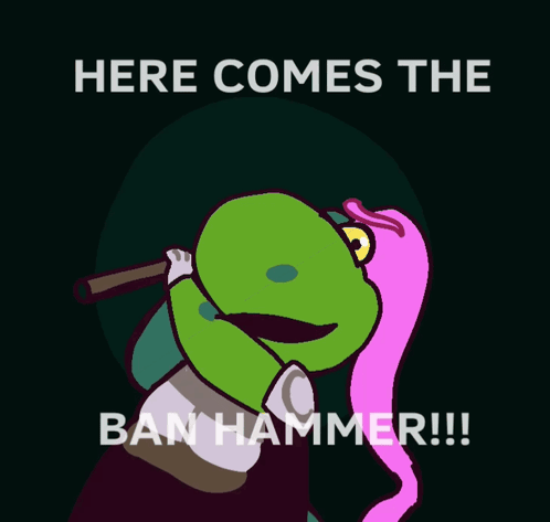 A Cartoon Of A Bird Holding A Hammer And The Words Here Comes The Ban Hammer GIF