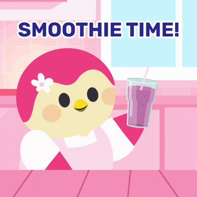 A Cartoon Of A Bird Holding A Smoothie And The Words Smoothie Time GIF
