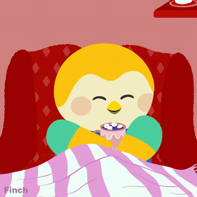 A Cartoon Of A Bird Laying In Bed With A Cup Of Hot Chocolate GIF