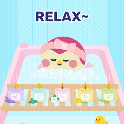 A Cartoon Of A Bird Taking A Bath With Candles On A Shelf Underneath The Words Relax GIF