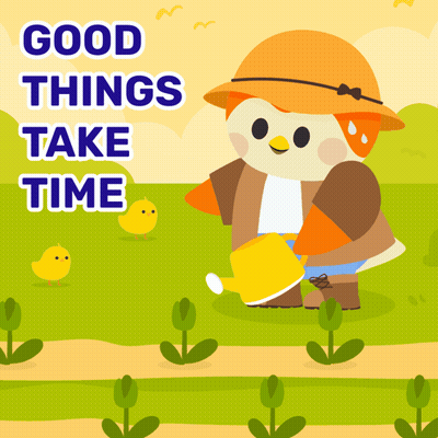 A Cartoon Of A Bird Watering Plants With The Words Good Things Take Time GIF