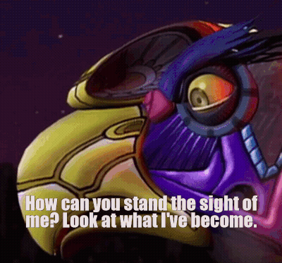 A Cartoon Of A Bird With The Words " How Can You Stand The Sight Of Me Look At What I 'Ve Become " Below It GIF