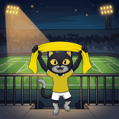 A Cartoon Of A Black Cat Holding A Yellow Scarf In Front Of A Soccer Field GIF