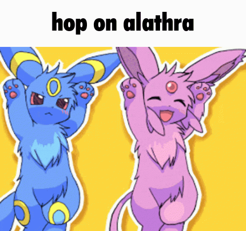 A Cartoon Of A Blue And Purple Rabbit With The Words Hop On Alathra Above Them GIF