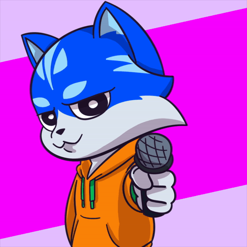 A Cartoon Of A Blue And White Cat Holding A Microphone GIF