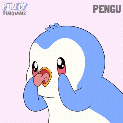 A Cartoon Of A Blue And White Penguin With The Name Pengu On The Bottom GIF