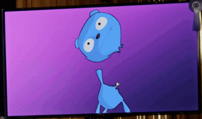 A Cartoon Of A Blue Bear On A Purple Screen GIF
