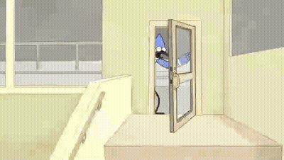A Cartoon Of A Blue Bird With A Long Beak Is Standing In Front Of A Window GIF