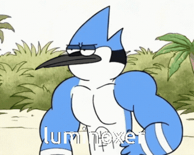 A Cartoon Of A Blue Bird With Muscles And The Words Lum Nexer GIF