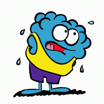A Cartoon Of A Blue Brain Wearing A Yellow Shirt And Purple Shorts . GIF