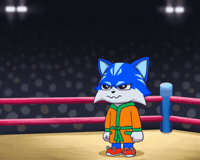 A Cartoon Of A Blue Cat In A Boxing Ring With A Green Belt GIF