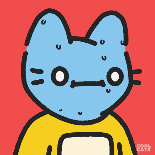 A Cartoon Of A Blue Cat Wearing A Yellow Shirt With Cool Cats Written On It GIF