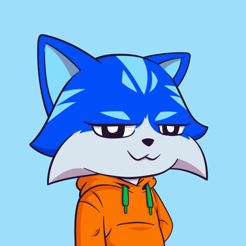 A Cartoon Of A Blue Cat Wearing An Orange Hoodie Giving A Peace Sign GIF