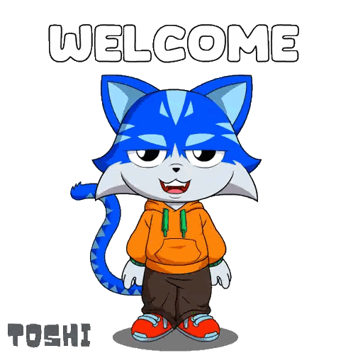 A Cartoon Of A Blue Cat With A Welcome Message Sticker