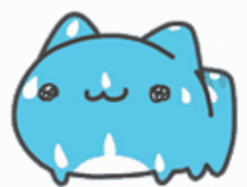 A Cartoon Of A Blue Cat With White Drops On Its Face . GIF