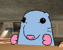 A Cartoon Of A Blue Hamster With Pink Paws Sitting At A Table GIF