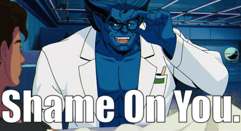 A Cartoon Of A Blue Monster With The Words Shame On You Behind Him GIF
