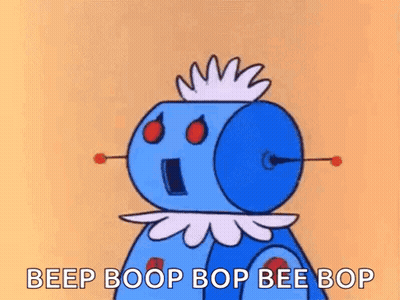 A Cartoon Of A Blue Robot With The Words `` Beep Boop Bop Bee Bop '' Written Below It . GIF