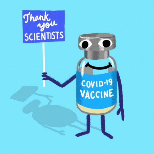 A Cartoon Of A Bottle Of Covid-19 Vaccine Holding A Thank You Scientists Sign GIF