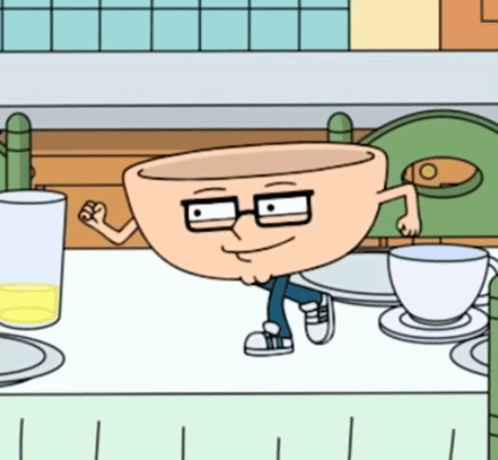 A Cartoon Of A Bowl With Arms And Legs Is Standing On A Table GIF