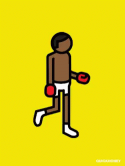 A Cartoon Of A Boxer With His Arms In The Air And The Words Quickmoney Below Him GIF